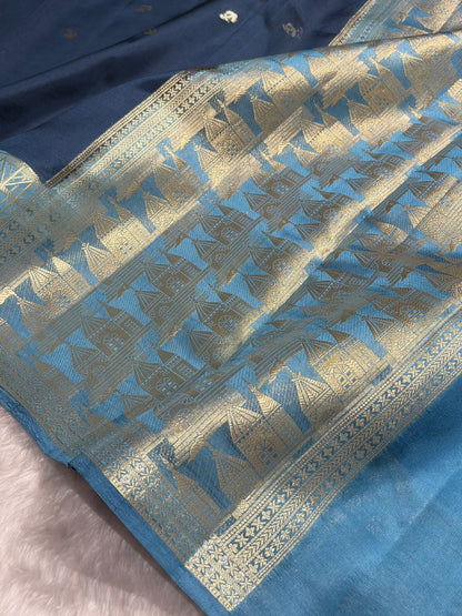 Banarasi Navy Blue With Firozi Contrast Shade Flower Boota Pure Caramel Mango Silk Saree CS-18