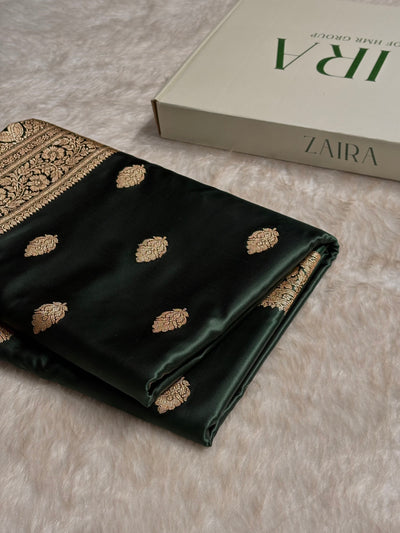 Dark Bottle Green Booti Pattern Satin Katan Silk Saree SK65