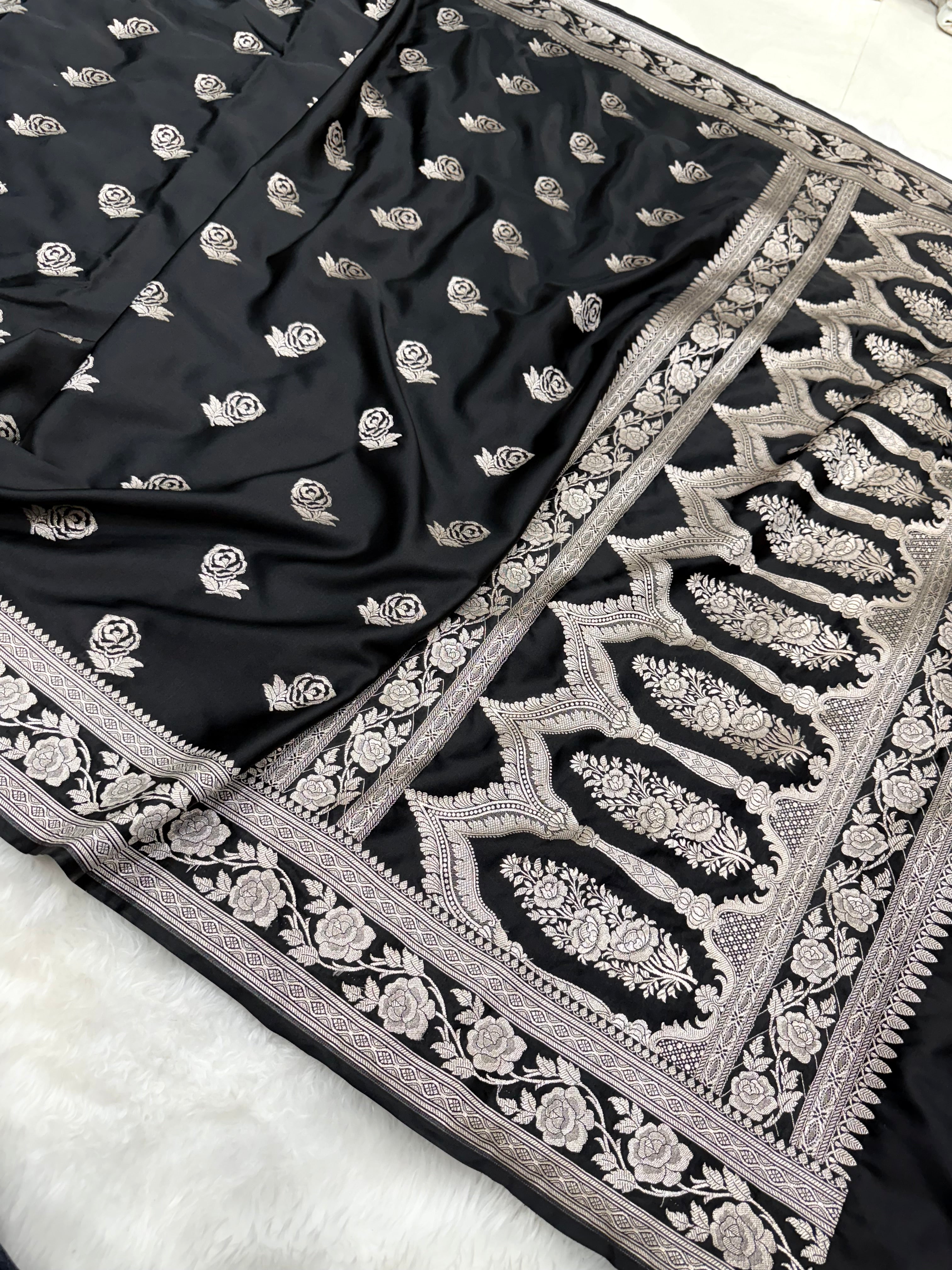 Black Rose Motif Mashru Silk Saree