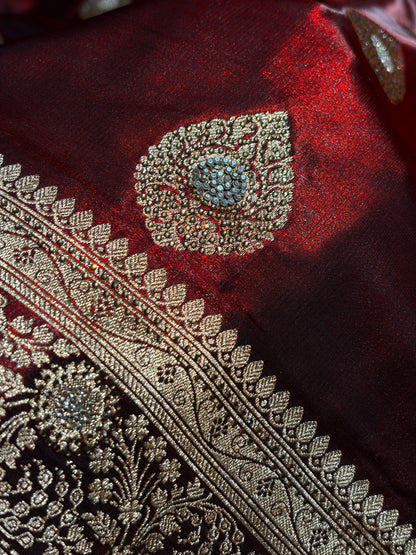 Maroon Shades Banarsi Satin Silk Boota with Stone Work BSS05