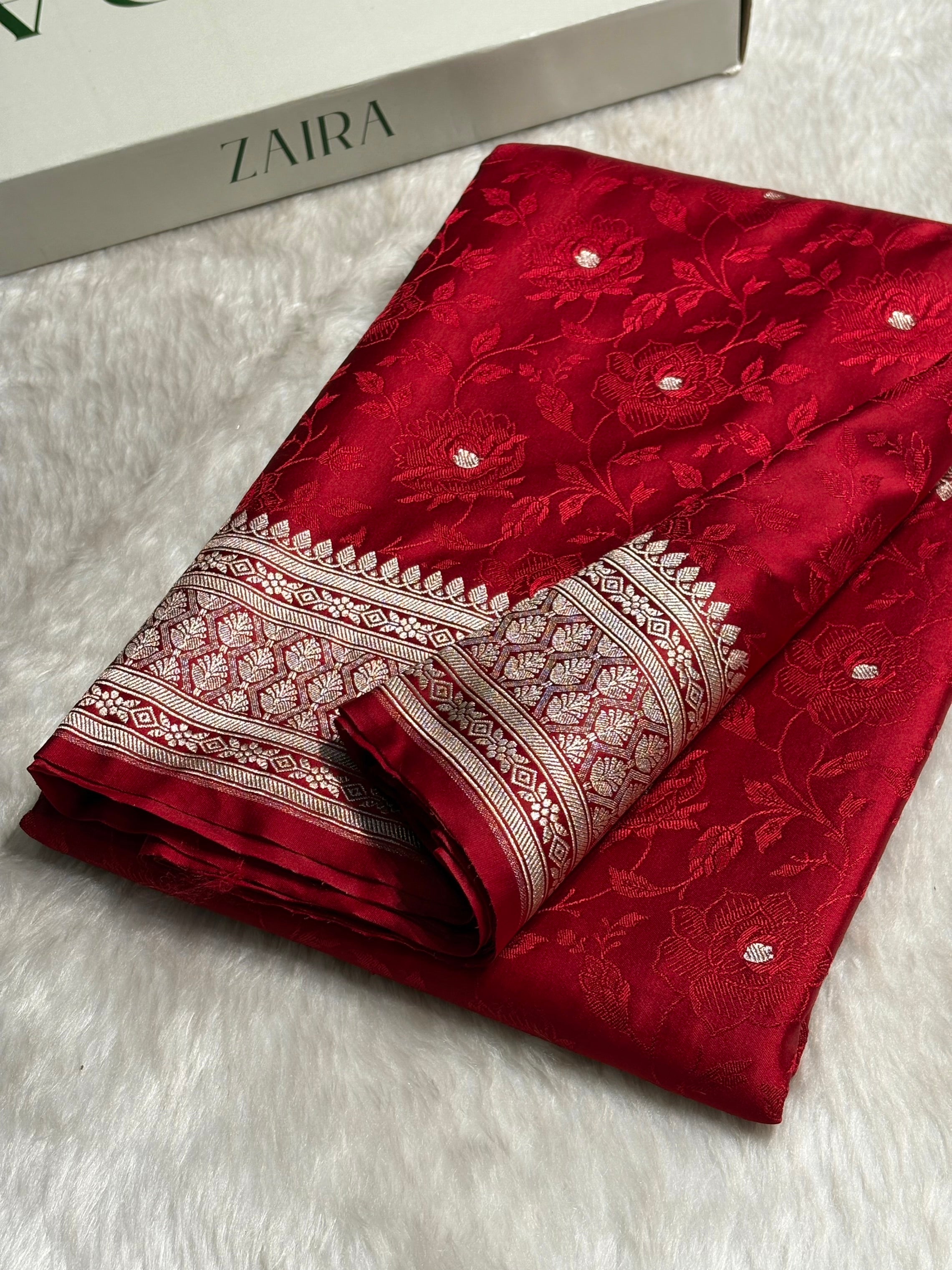 Banarasi Tanchoi Cherry Red Floral Booti Mashru Silk Saree MS59