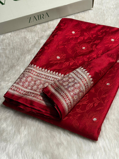 Banarasi Tanchoi Cherry Red Floral Booti Mashru Silk Saree MS59