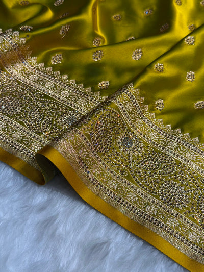 Banarasi Mehandi Booti Pattern With Swarovski Stone Work Satin Katan Silk Saree BSK53