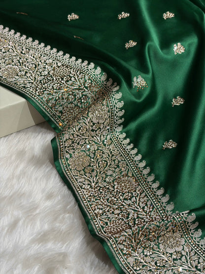 Bottle Green With Swarovski Work Booti Mashru Silk Saree BMS40