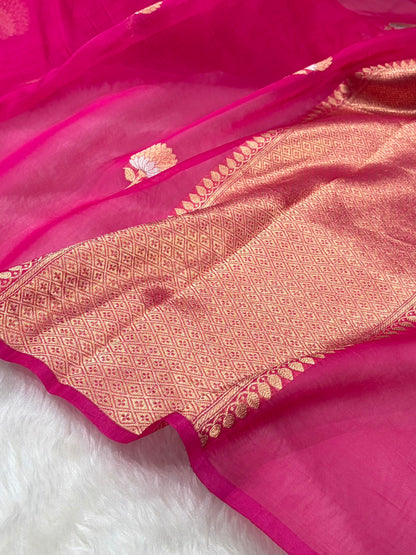 Pure Banarasi Organza Rani Shades With Minakari Floral Banarasi Silk Saree PO-23