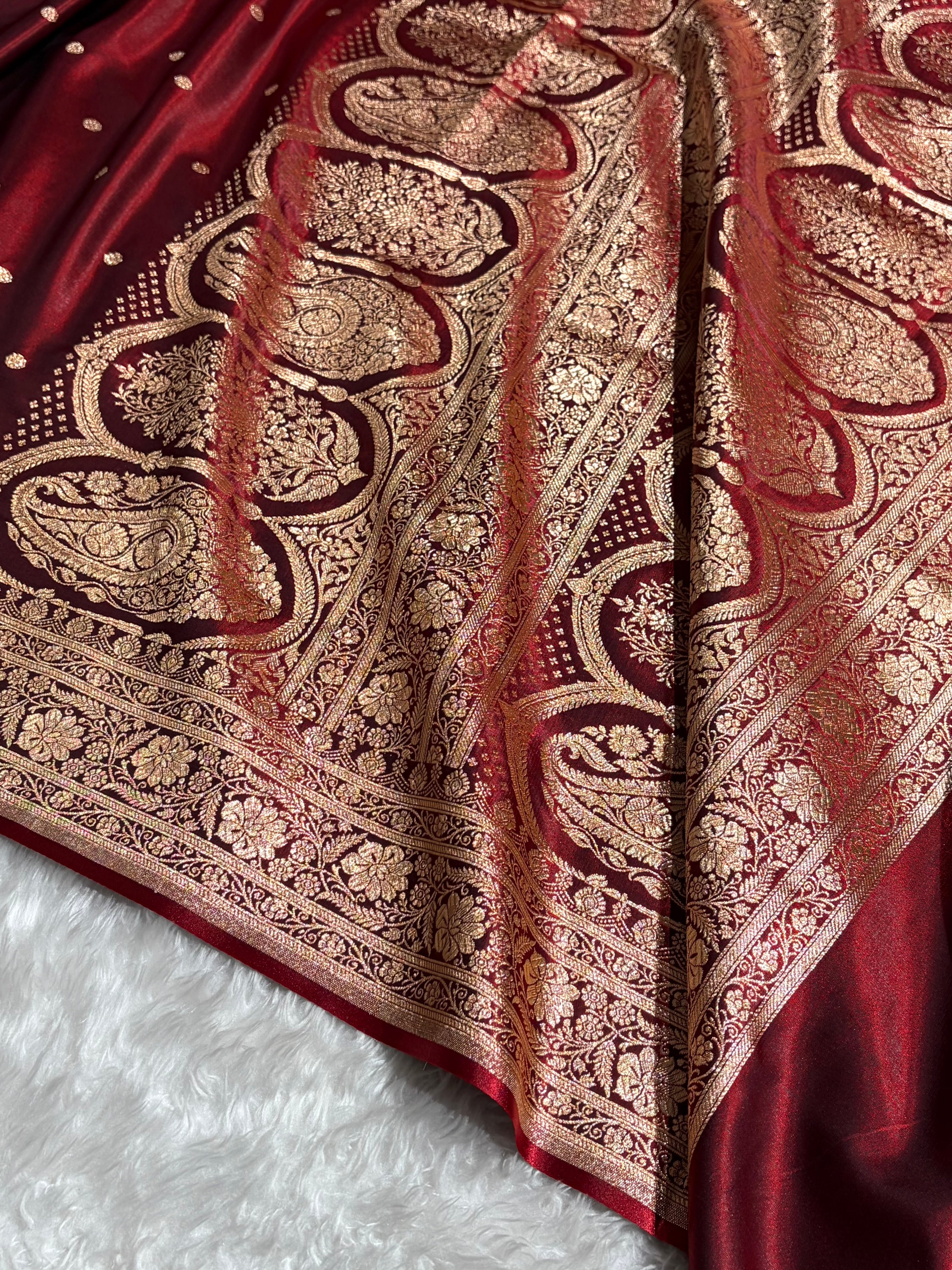 Satin Silk Saree Banarasi Booti in Maroon Shades SS29