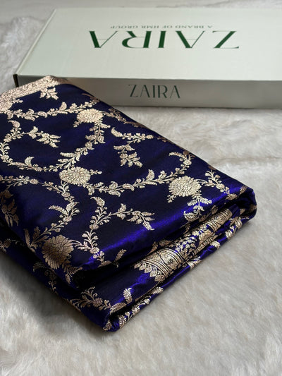 Satin Silk Banarasi Jaal in Dark Royal Blue Shades SS14