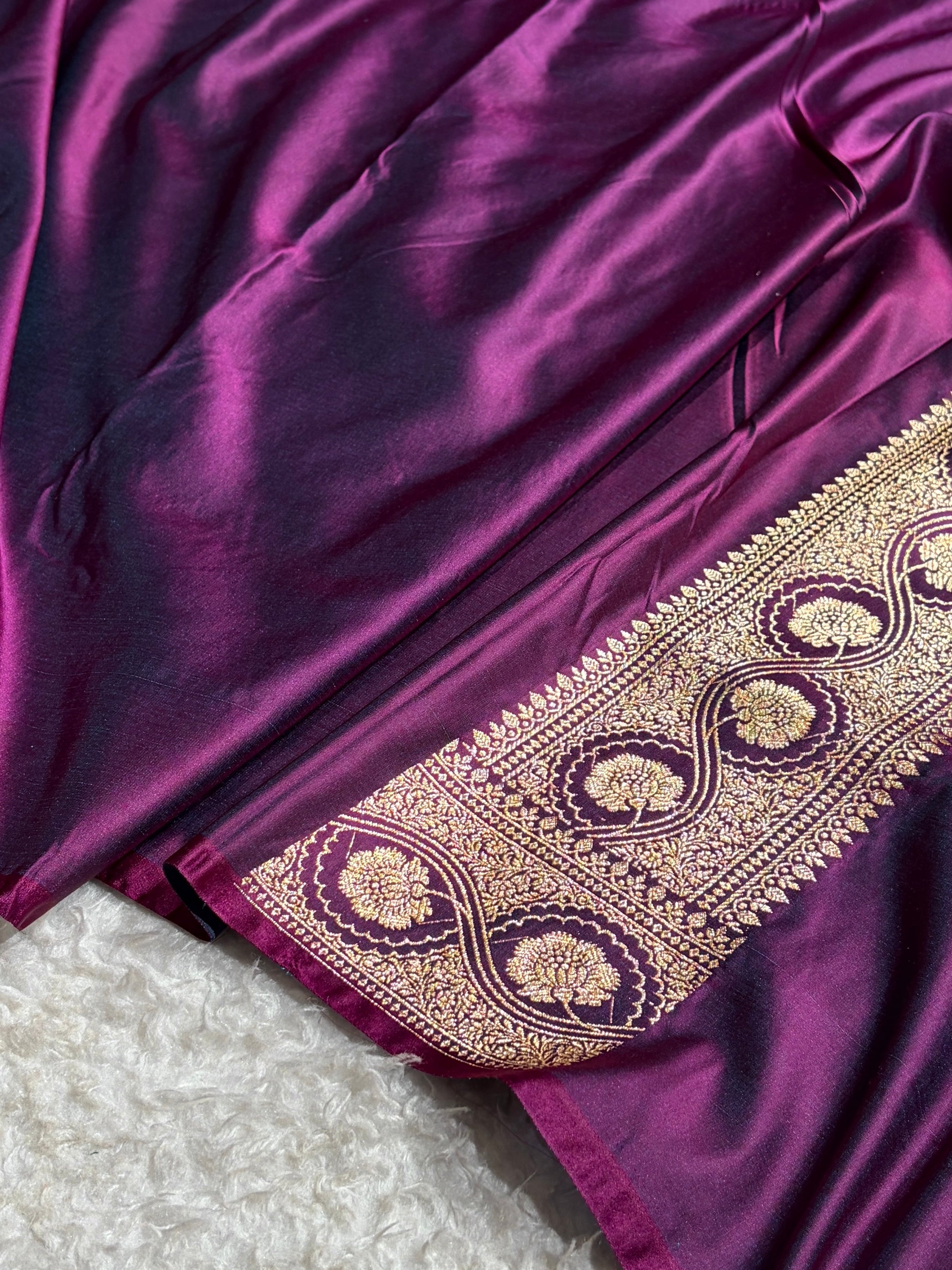 Wine Floral Cross Pattern Satin Katan Silk Saree SK74