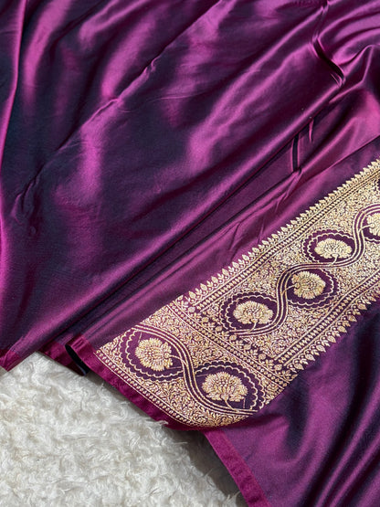 Wine Floral Cross Pattern Satin Katan Silk Saree SK74