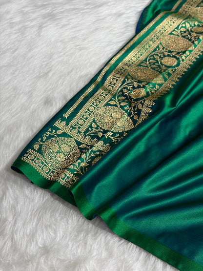 Banarasi Satin Katan Saree With Boota in Cross Green Shades SK117