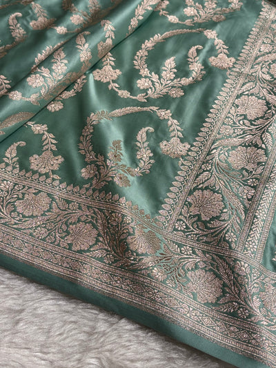 Sea Green Shades Banarasi With Floral Jaal Pattern Mashru Silk Saree MSM-132