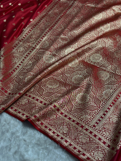 Cross Red Floral Pattern Satin Katan Silk Saree SK78