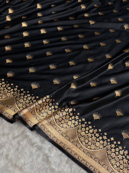 Black Floral Banasari Pattern Satin Katan Silk Saree SK83