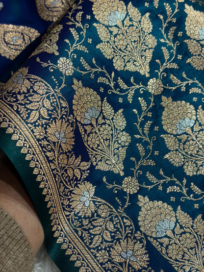 Banarasi Satin Silk Meena Boota in Peacock Shades SS38