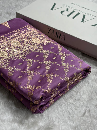 Banarasi Satin Katan Saree Jaal Pattern In Dusty Lavender Shades SK133