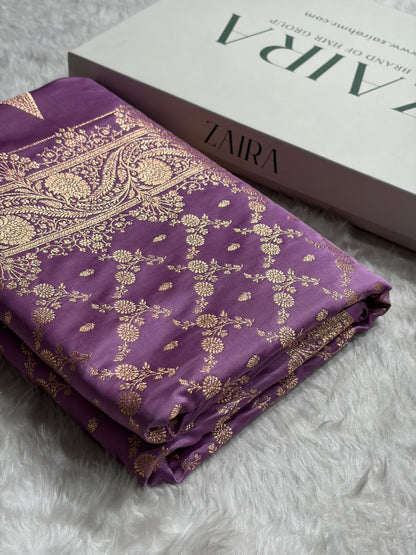 Banarasi Satin Katan Saree Jaal Pattern In Dark Lavender Shades SK133