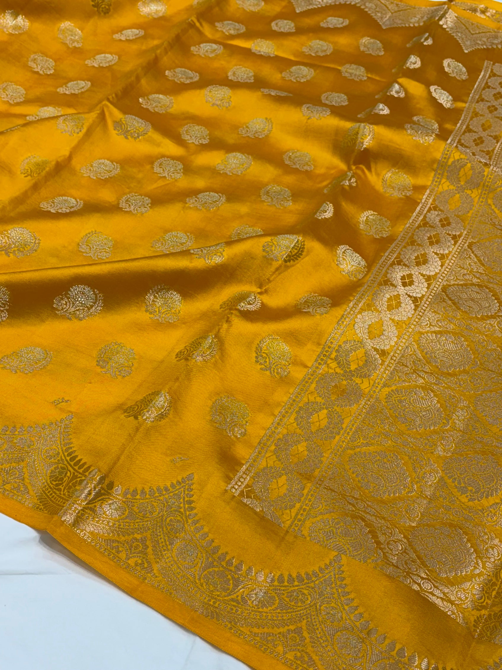 Mustard Flower Booti Pure Caramel Silk Saree