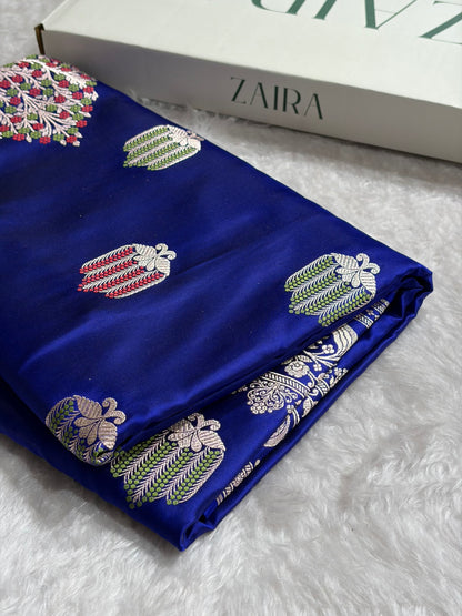 Royal Blue Shades Banarasi Boota Pattern Minakari Floral Mashru Silk Saree MSM-122