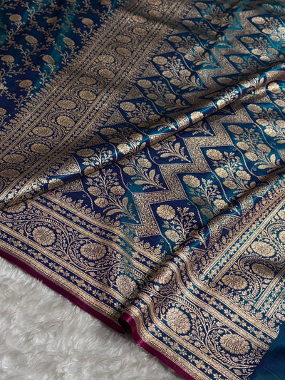 Peacock Shades Jaal Pattern Banarasi Satin Silk Saree SS55