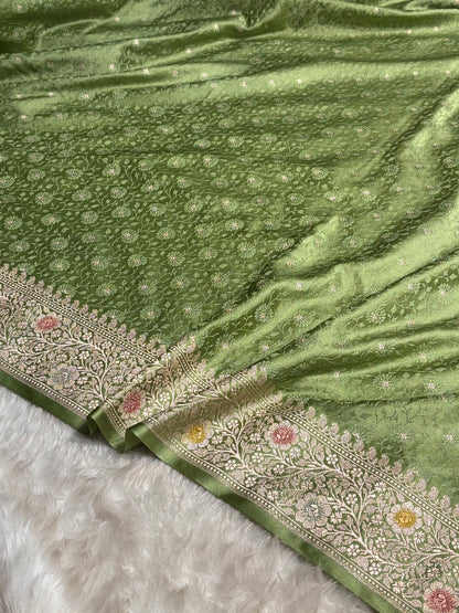 Light Green Shades Booti Minakari Tanchoi Mashru Silk Saree MS49