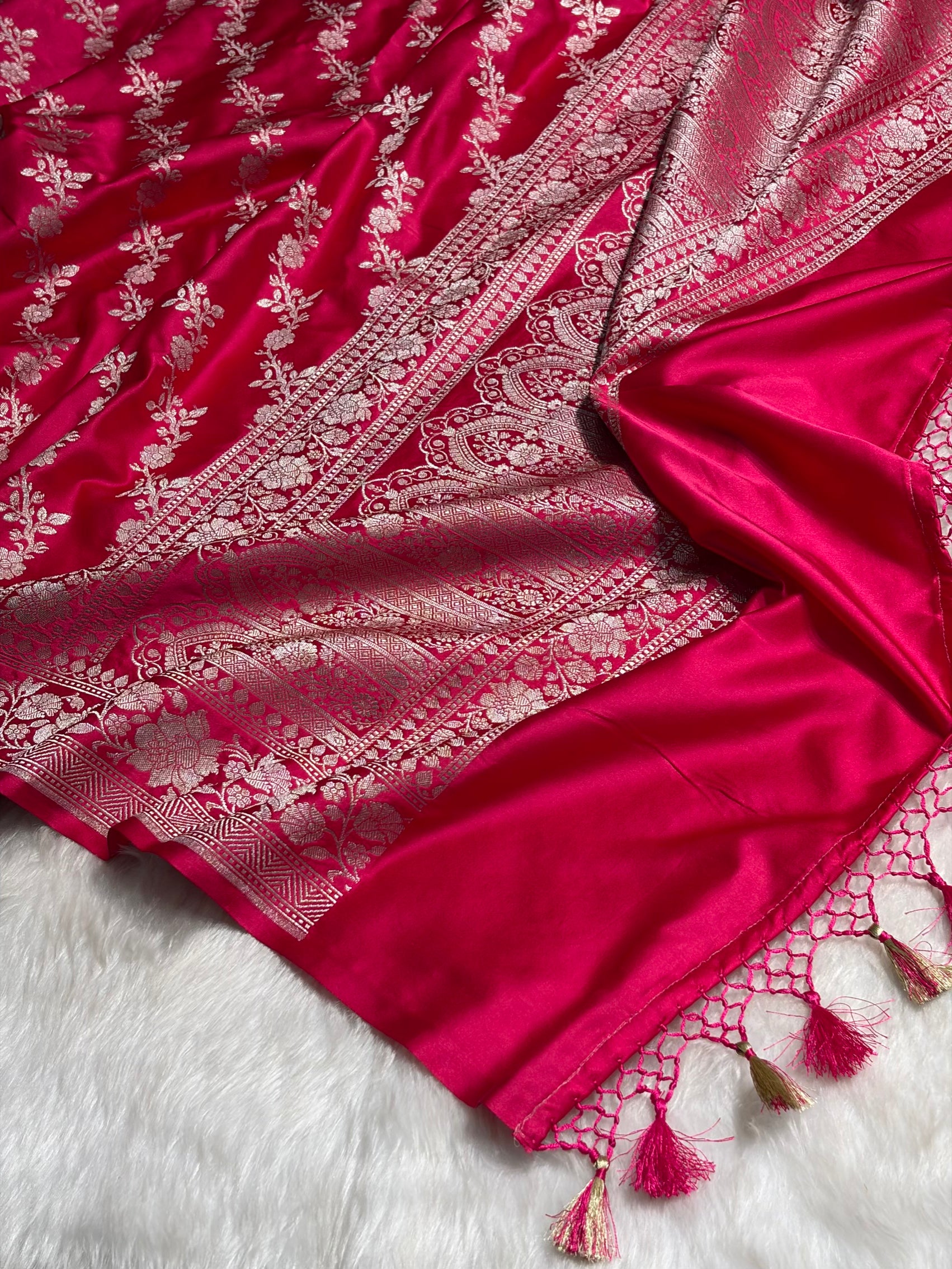 Ruby Pink Shades Banarasi Cross Jaal Mashru Silk Saree MS18