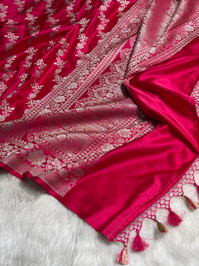 Ruby Pink Shades Banarasi Cross Jaal Mashru Silk Saree MCS18