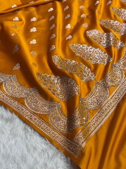 Banarasi Mustard Scallop Mashru Silk with White Stone Swarovski work BMS02