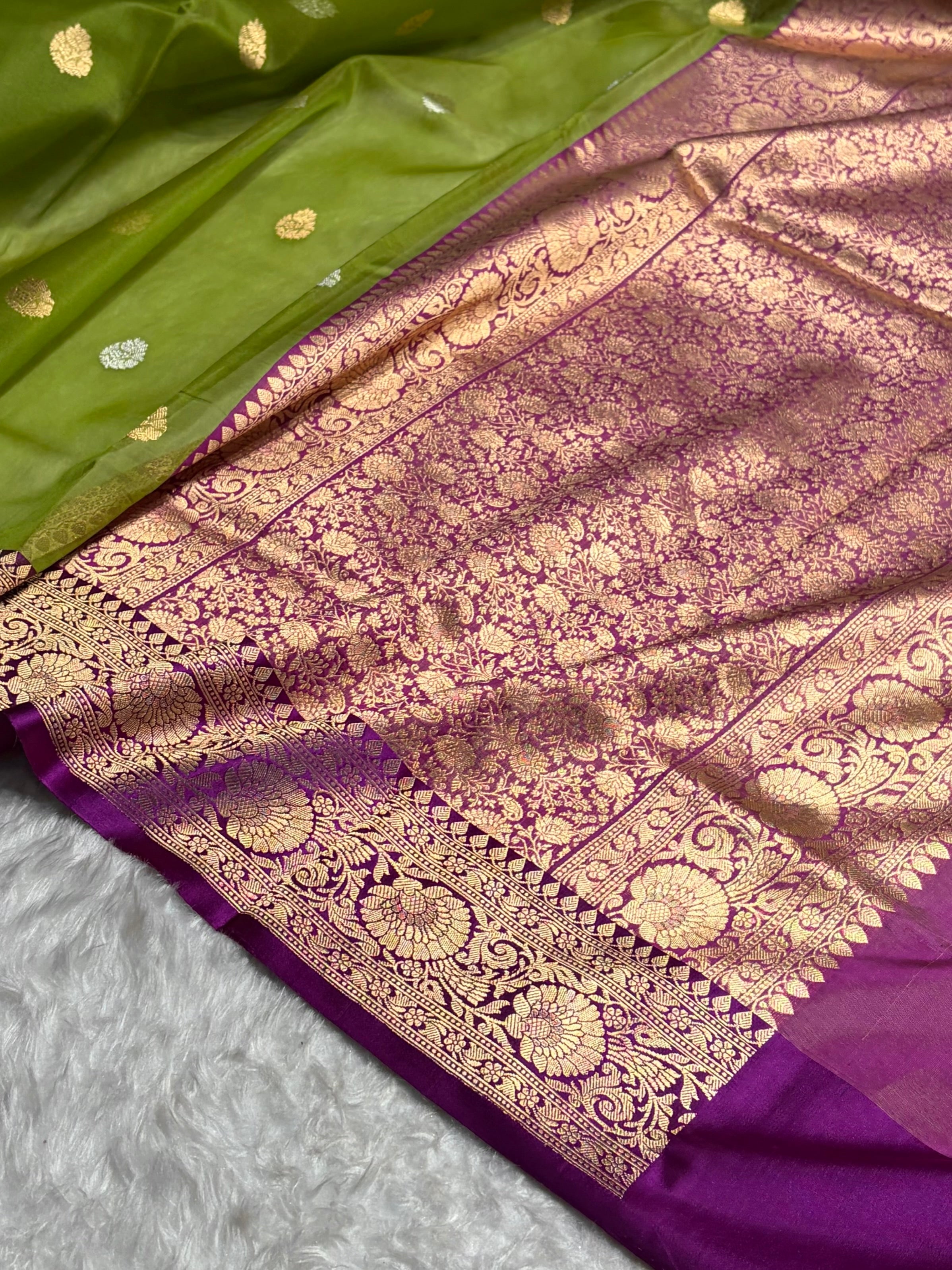 Contrast Pure Banarasi Organza Light Green With Wine Floral Banarasi Silk Saree PO-11