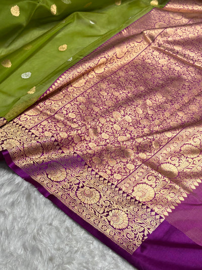 Contrast Pure Banarasi Organza Light Green With Wine Floral Banarasi SilkSaree PO-11