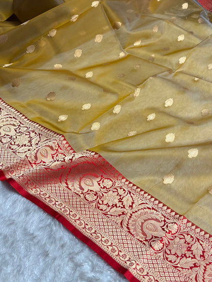 Contrast Pure Banarasi Organza Mustard With Maroon Floral Banarasi Silk Saree PO-16