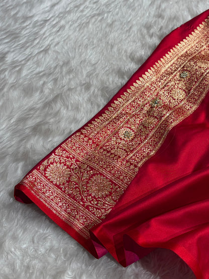 Bridal Red Unique Boota Pattern With Stone & Ari Work Satin Katan Silk Saree BSK69