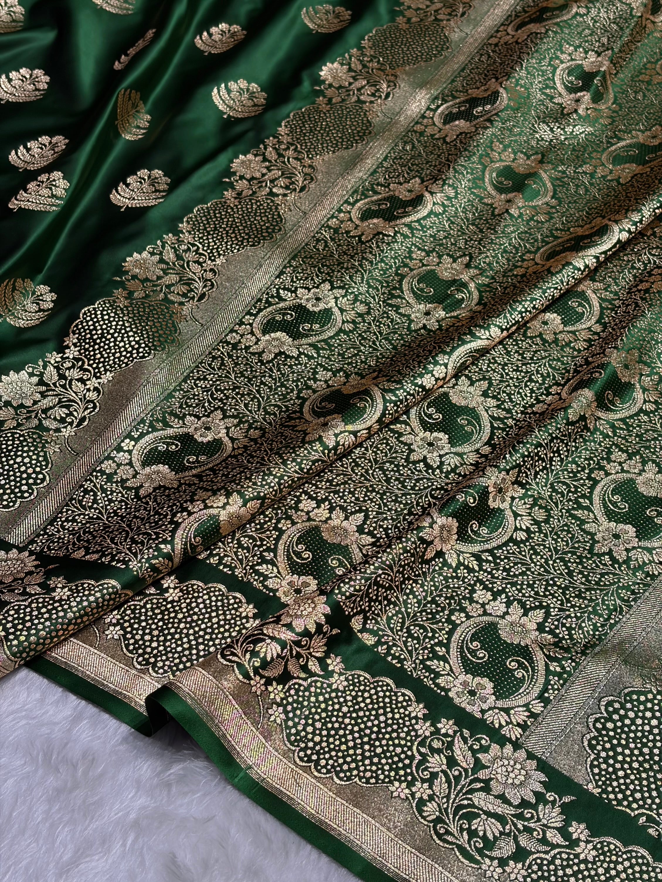 Bottle Green Unique Boota Pattern Satin Katan Silk Saree SK70