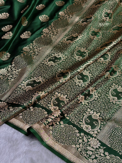 Bottle Green Unique Boota Pattern Satin Katan Silk Saree SK70