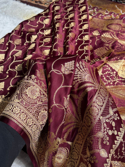 Banarasi Satin Katan Saree With Minakari Boota in Garnet Shades SK96