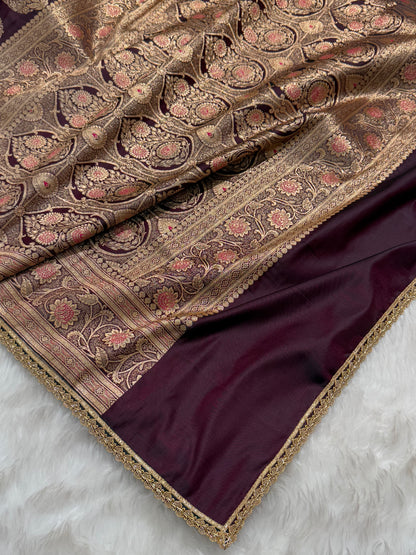 Banarasi Satin Katan Silk Saree In Dark Wine Shades with gotta Patti