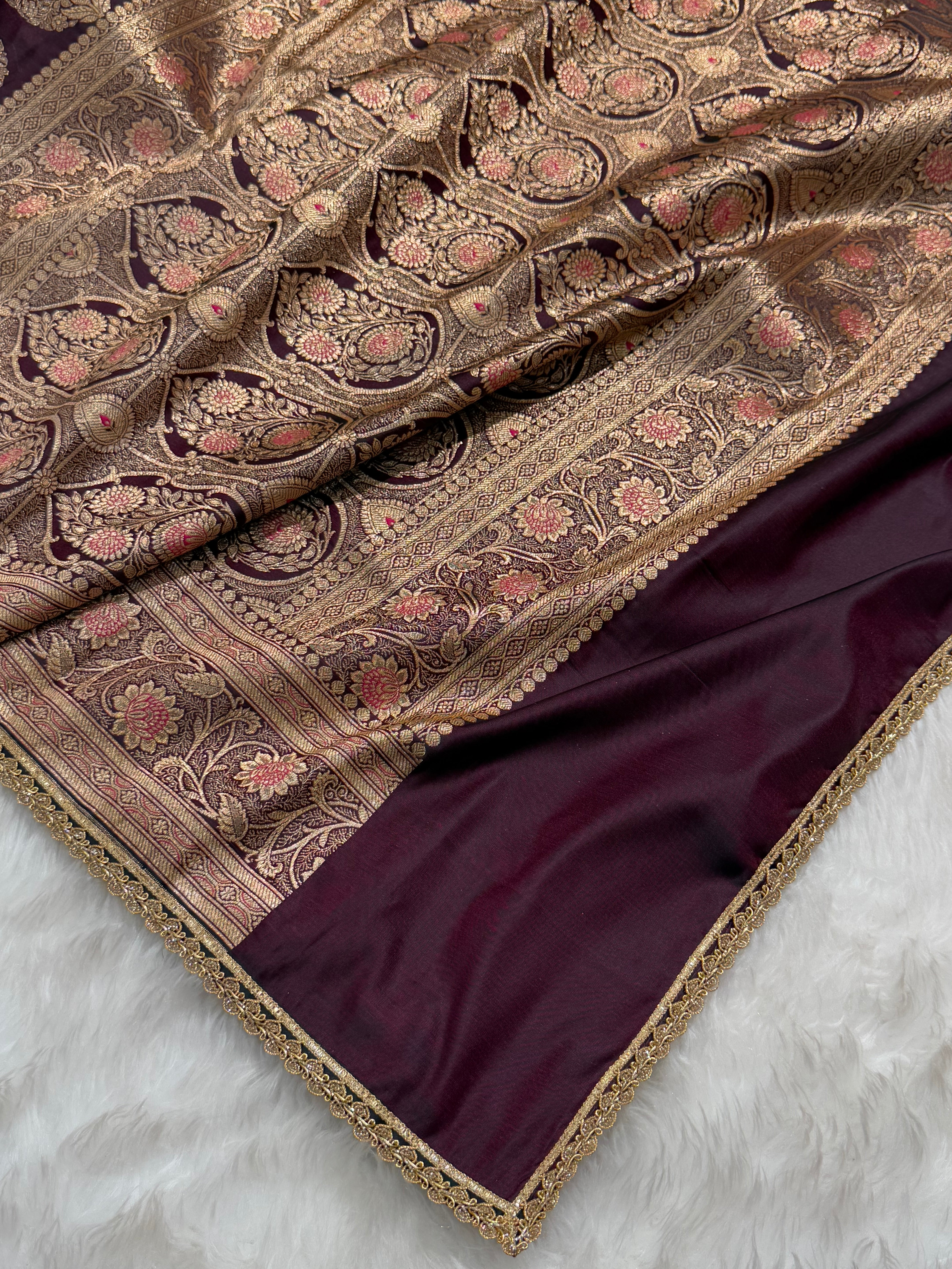 Banarasi Satin Katan Silk Saree In Dark Wine Shades with gotta Patti