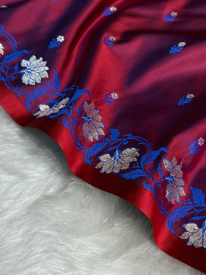 Reddish Navy Blue Floral Boota With Floral Border Mashru Silk Saree MSM 78