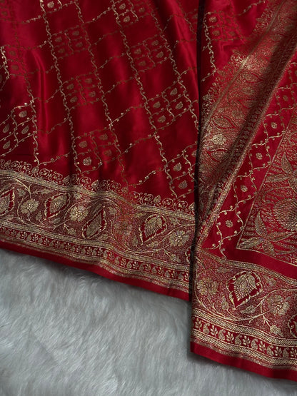 Red Jaal Satin Katan Silk Saree SK21