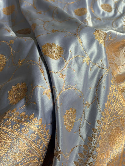 Powder Lavender Banarasi Jaal Satin Katan Silk Saree SK06