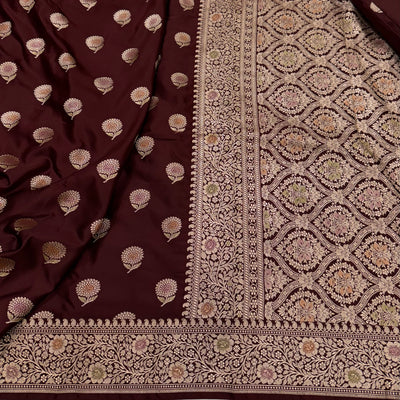 Chocolate Minakarai Floral Motif Mashru Silk Saree