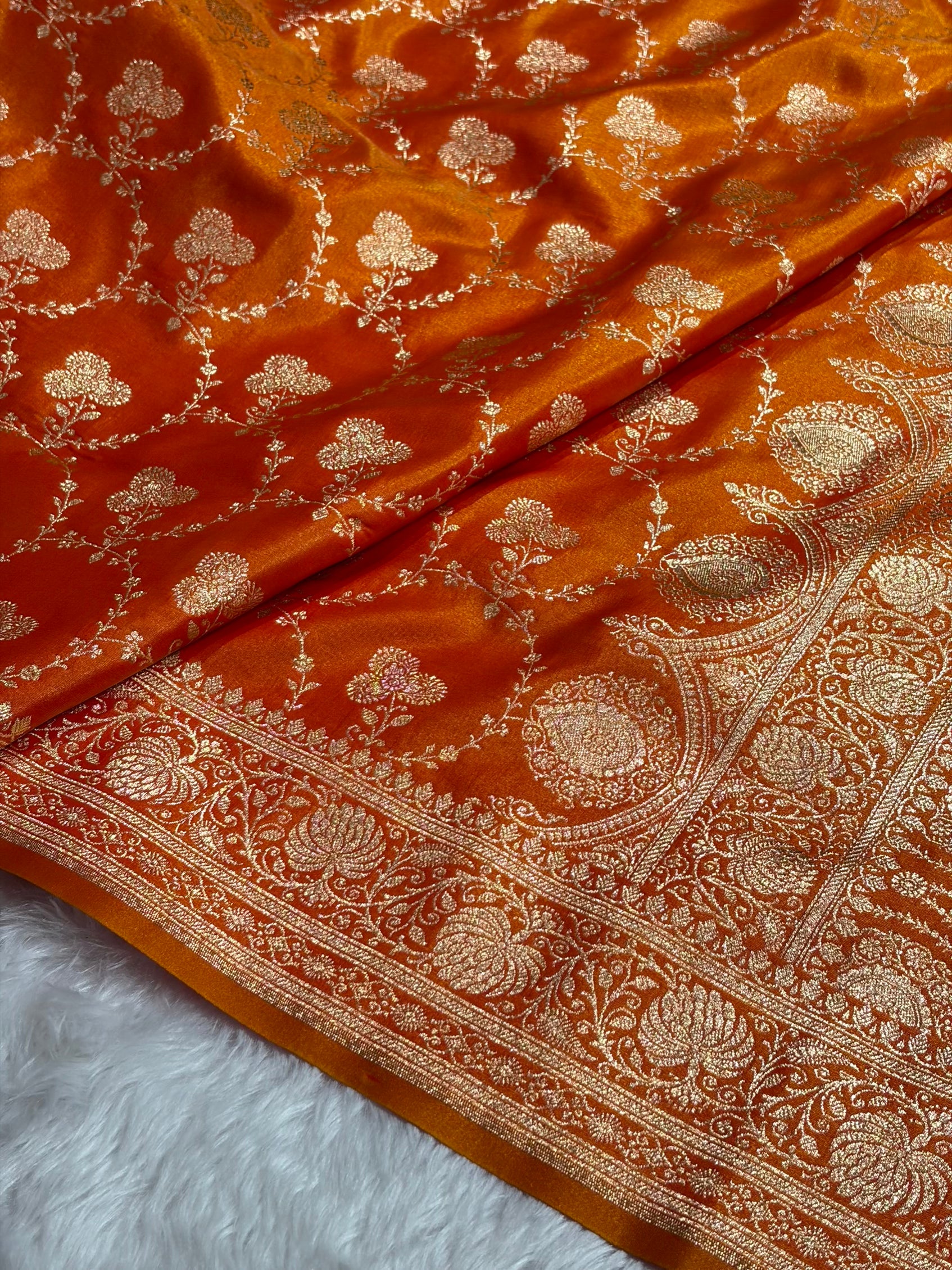 Banarasi Satin Silk Saree Jaal in Fire Gold Shades SS23