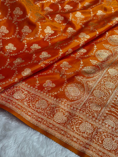 Banarasi Satin Silk Saree Jaal in Fire Gold Shades SS23