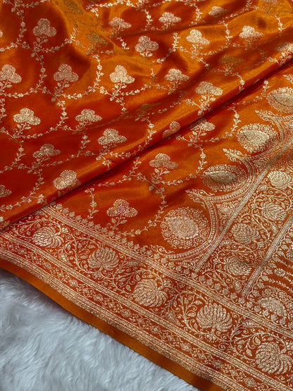 Banarasi Satin Silk Saree Jaal in Fire Gold Shades SS23