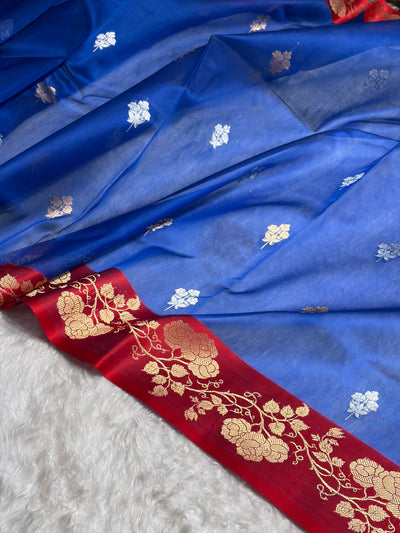 Contrast Pure Banarasi Organza Royal Blue With Maroon Floral Banarasi Silk Saree PO-13