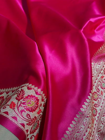 Banarasi Plain Satin Katan Saree Floral Minakari Pallu & Border Pattern in Rani Shades SK152