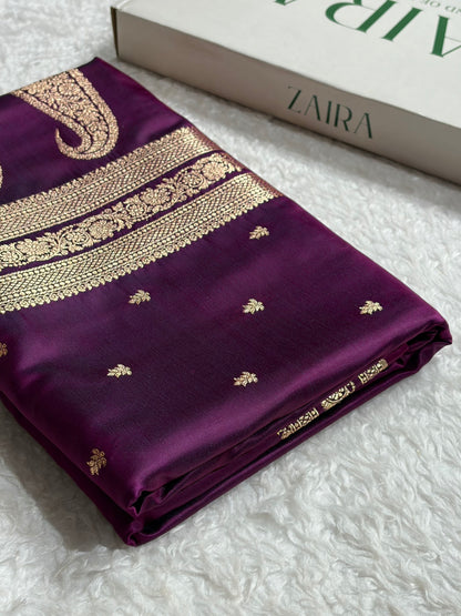 Banarasi Satin Katan Saree With Booti Pattern in Cross Wine Shades SK125