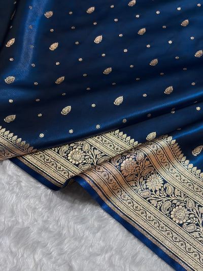 Banarasi German Blue Shades Booti Pattern Banarasi Satin Silk Saree SS64
