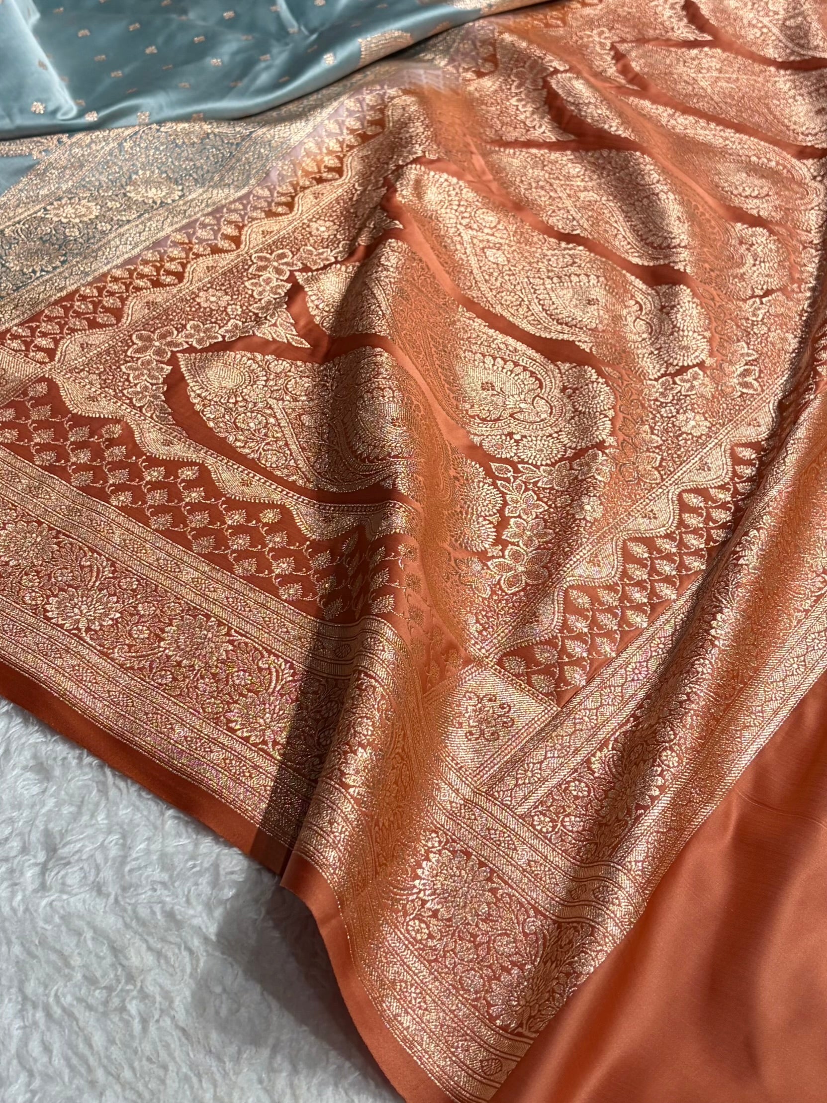 Sea Green with Peach Booti Satin Katan Silk saree SK29