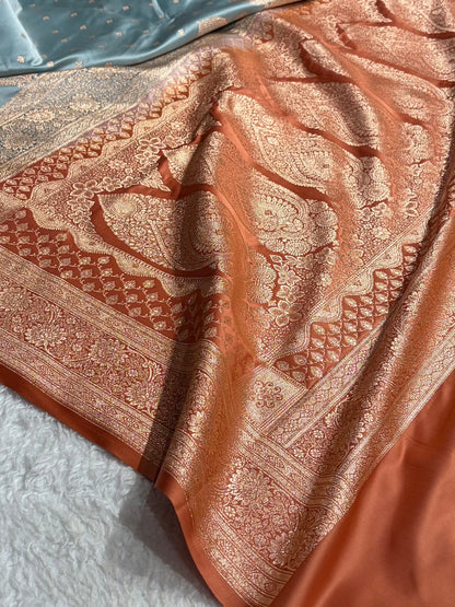 Sea Green with Peach Booti Satin Katan Silk saree SK29