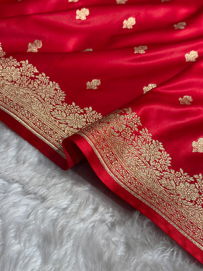 Banarasi Satin Katan Saree Floral Booti Pattern in Red Shades SK148